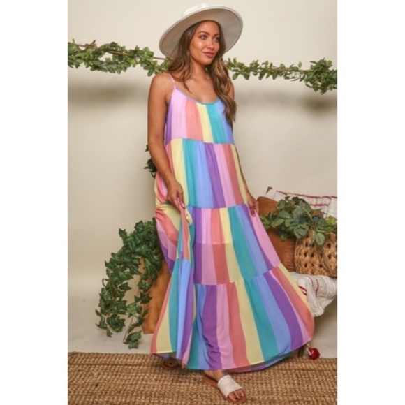CLEARANCE Rainbow Colorful Multi Color Bright Striped Tiered Tie Shoulder Dress - Picture 3 of 8